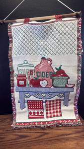 lot 5345 image: Kitchen Cross Stitch Embroidery Wall Hanging with Wooden Dowel