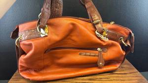 lot 5382 image: M.C. Handbags Orange Leather Tote with Crocodile Pattern Handles