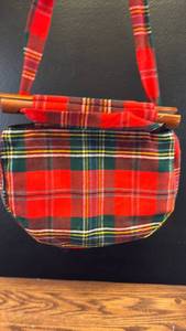 lot 5386 image: Red Tartan Plaid Handbag with Wooden Handles