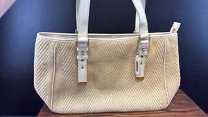lot 5398 image: Cole Haan Woven Straw Tote Bag with White Leather Trim