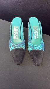 lot 5408 image: Salvatore Ferragamo Turquoise Animal Print Slingback Pumps