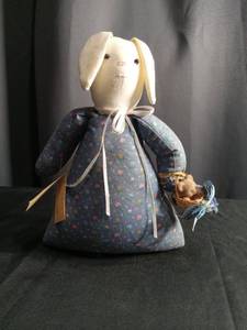lot 5270 image: Handmade Fabric Rabbit Doll with Floral Dress and Basket