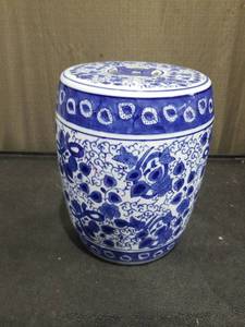 lot 3750 image: Blue and White Ceramic Garden Stool with Floral Pattern 10 inches