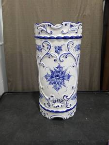 lot 3751 image: Blue and White Floral Portuguese Ceramic Umbrella Stand 19 inches
