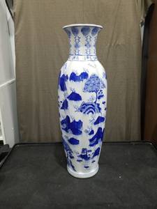 lot 3752 image: Blue and White Chinese Porcelain Vase with Mountain Landscape 24 inches