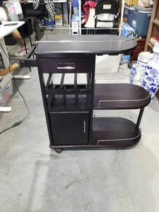 lot 3799 image: Dark Wood Rolling Bar Cart with Wine Storage