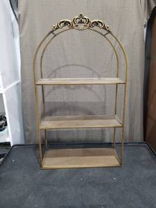 lot 3802 image: Gold Metal 3-Tier Shelf Unit with Decorative Crown Design