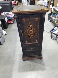 lot 3806 image: Decorative Wood Cabinet with Ornate Carved Door and Storage Drawers One Drawer Handle Broken