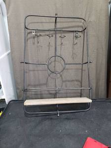 lot 3810 image: Metal Frame Rack with Wooden Shelf and Hooks