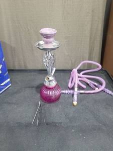 lot 3830 image: Glass Hookah Water Pipe with Pink Purple Base