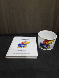lot 3853 image: Kansas Jayhawks Memorabilia Bundle with Book and Ceramic Bowl