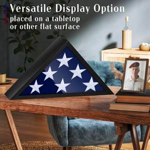 lot 18656 image: Glass Front Flag Display Case for 5 x 9.5 Folded Burial Flag, Black Solid Wood Frame, Wall Mount Military Flag Box Display Case for Veterans - Retail $47