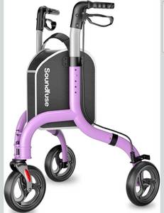 lot 18660 image: SOUNDFUSE 3 Wheel Walkers for Seniors, Lightweight Foldable Aluminum Rollator Walker, Height Adjustable Three Wheel Walker, Purple - Retail $169