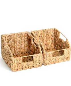 lot 18664 image: 2-Pack Wicker Basket Set - Water Hyacinth Pantry Organizers and Storage wHandles, For Home, Bedroom, Kitchen, & More - 100% Earth Friendly Woven Rattan, Simple Open Shape Decorative Baskets - Retail $29
