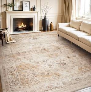 lot 18668 image: AMOAMI-Area Rug 9X12 Rugs for Living Room-Vintage Soft Beige Rugs for Bedroom-Non Slip Carpet-Washable Rug for Dining Room Living Room Bedroom Office Under Table - Retail $229