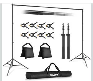 lot 18674 image: EMART Backdrop Stand 10x7ft(WxH) Photo Studio Adjustable Background Stand Support kit with 2 Crossbars, 8 Clamps, 2 Sandbags and Carry Bag for Parties, Events Decoration, Wedding, Photography - Retail $0