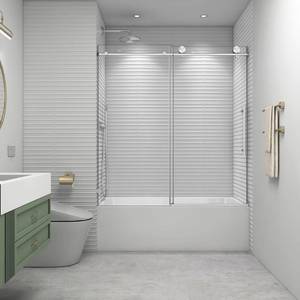 lot 18677 image: 55-60 W x 63 H Bathtub Soft Closing Sliding Shower Door,Water Repellent Frameless Tub Shower Door with 516 (8mm) Nano Explosion-Proof Film Transparent Glass (Brushed Nickel 60 Wx63 H) - Retail $439
