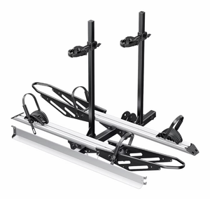 lot 18682 image: Young Hitch Mount Bike Rack with Ramp, 200 lbs. Capacity for 2 E-Bikes, Fat Tire and Standard, fits Cars, SUVs, RVs, Trailers with 2 Inch Receiver - Retail $349