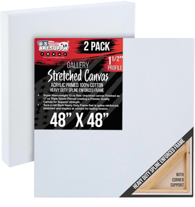 lot 18683 image: U.S. Art Supply X-Large Stretched Canvas for Painting 48x48 inch Gallery Depth 1-12 Thick, 2-Pack - 12oz Acrylic Gesso Triple Primed, Professional Artist Quality, 100% Cotton - Oil, Pouring Paint - Retail $219