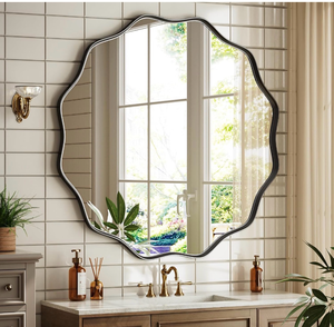 lot 18684 image: Round Wavy Mirror 42 Inch Bathroom Vanity Mirror Metal Frame Circle Wall Mounted Mirror for Bedroom Living Room Entryway Black - Retail $119