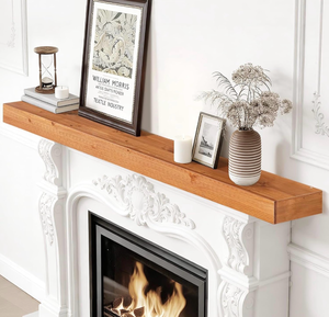 lot 18685 image: Fireplace Mantel Shelves 66inch  Solid Wood Floating Mantel Shelf - Rustic Farmhouse Wall Shelf with Invisible Brackets & Heavy Duty 100lbs Capacity - Retail $139