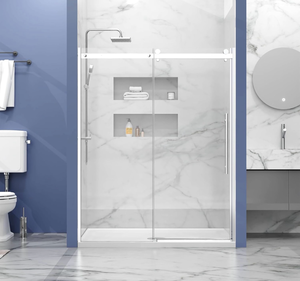 lot 18692 image: Frameless Sliding Shower Door, 14 inch (6mm) Thick Clear Tempered Glass Shower Door with Zinc Roller Silent Slide System, Stainless Steel Handle (Chrome, 60 x 72) - Retail $339