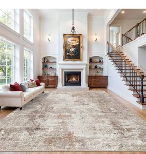 lot 18707 image: 12x15 Area Rug for Living Room �� Large Modern Neutral Abstract Thin Washable Carpet, Soft Low Pile Non-Slip Stain-Resistant for Bedroom Dining Room Home Office (Beige Grey) - Retail $254