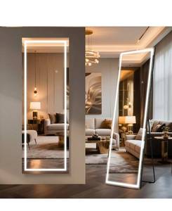 lot 18708 image: Kosmonia 71x28 Frameless Full Length Mirror, Dimmable 3 Color LED Light wMemory Function, Distortion Free, HD Reflection & Anti Desilvering, Tempered Glass, Easy Setup wStand, WallStanding - Retail $269