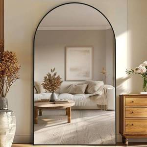 lot 18711 image: Full Length Mirror, 91x46 Oversized Floor Mirror Freestanding, Full Body Floor Standing Mirrors with Stand, Hanging Mounted for Bedroom Living Room, Black, Arched Style - Retail $329