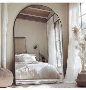 lot 18714 image: Oversized Floor Mirror Full Length with Stand, 72X44 Extra Large Arch Standing Mirror Full Length, Tempered Glass Black Full Body Mirror for Bedroom Living Room, Aluminum Alloy Frame - Retail $199