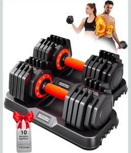 lot 18715 image: 2026 Upgrade Adjustable Dumbbell Set of 2, Small Increment in 3LB, 1 Hand Rapid-Switch, 25lb55lb Pair Adjustable Dumbbells with Tray, Anti-Slip Grip for Home Gym HIIT Strength Training - Retail $189