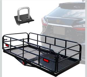lot 18716 image: KAIRAY 500 Lbs Heavy Duty Hitch Mount Cargo Carrier 60 x 24 x 14.4 Folding Cargo Rack Rear Luggage Basket Fits 2 Receiver for Car SUV Camping Traveling - Retail $193
