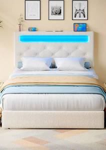 lot 18732 image: Rolanstar Twin Bed Frame with Charging Station,Twin Bed with Led Lights, Adjustable Upholstered Headboard 38.940.8 Inches, Sturdy, No Box Spring Needed, Natural White - Retail $139