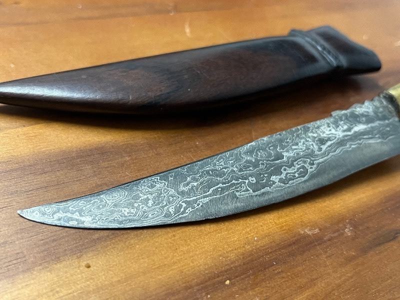 lot 33 image: Super Unique Damascus Blade w HandCarved Buddha Elephant Design Handle - Wooden Sheath