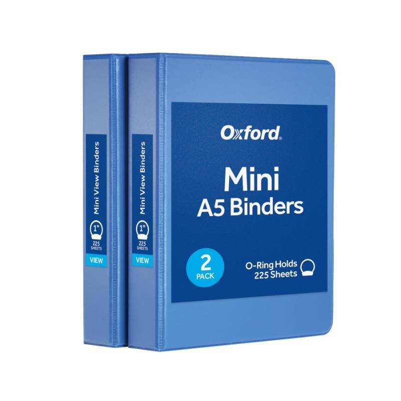lot 30251 image: Oxford Mini View Binders, 1 Round Rings, Small Binders for School or Office, Holds A5 Size Paper, 2 Clear Pockets, PVC-Free, Non-Stick, 5.5 x 8.5 inches, Holds 225 Sheets, Blue, 2 Pack (1017045) - Retail $7