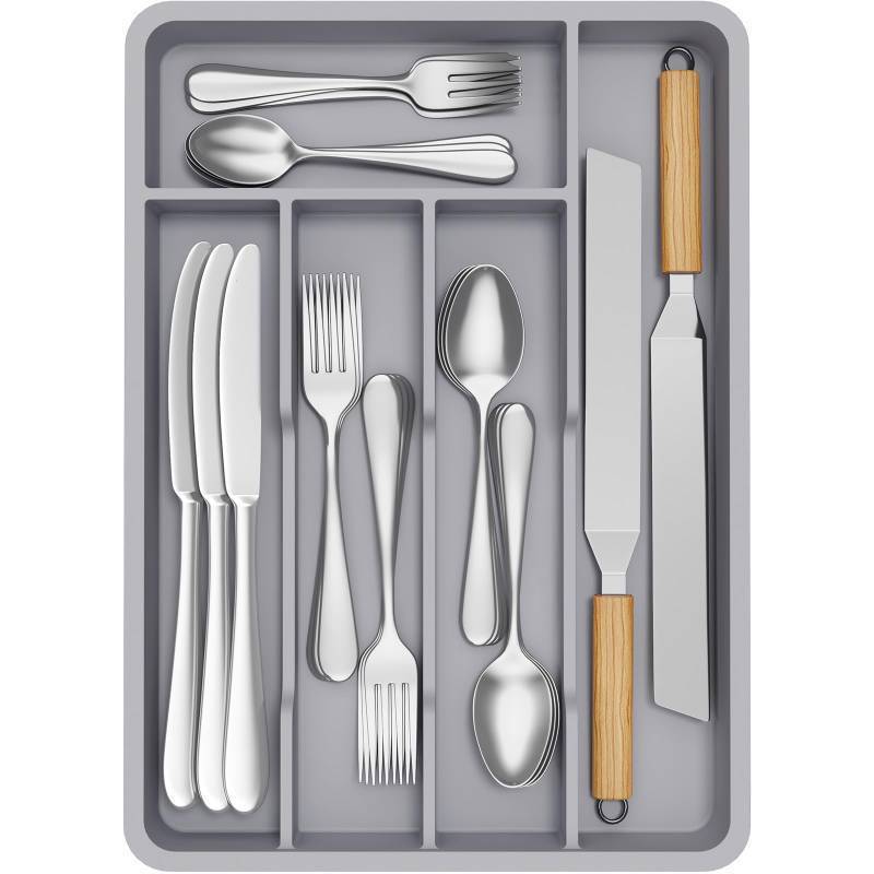 lot 30274 image: Lifewit Silverware Drawer Organizer Tray, Plastic Cutlery Storage for Kitchen, Flatware and Utensil Holder Divider for Spoons Forks Knives Tableware, 9.5 x 13.4, 5 Slots, Gray - Retail $15