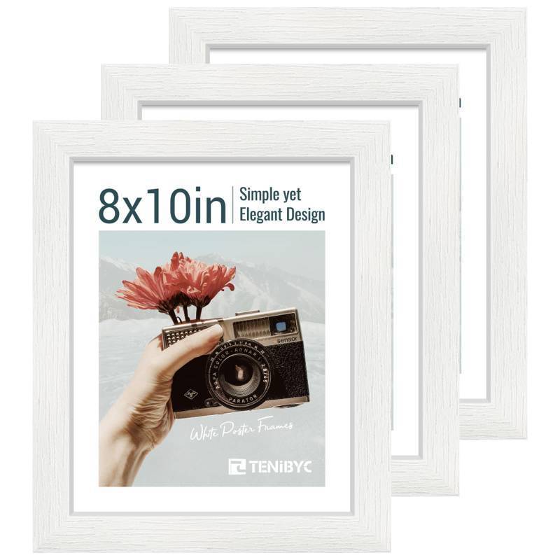 lot 33059 image: TENIBYC 8x10 Picture Frame Set - 3 Pack, Textured White Solid Wood, HD Tempered Glass, Gallery Photo Frame, Table or Wall Display - Retail $33
