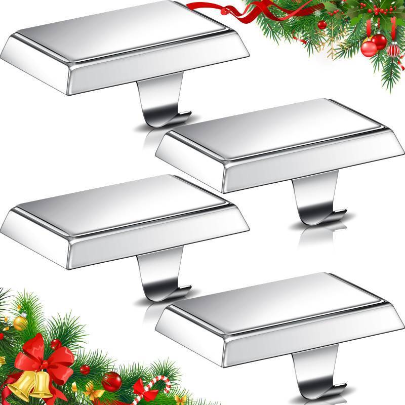 lot 33086 image: Zhengmy Christmas Stocking Holders for Mantle Weighted Stocking Holder Fireplace Hangers for Xmas Holiday Party Decoration (Stainless Steel,Silver,4 Pcs) - Retail $25