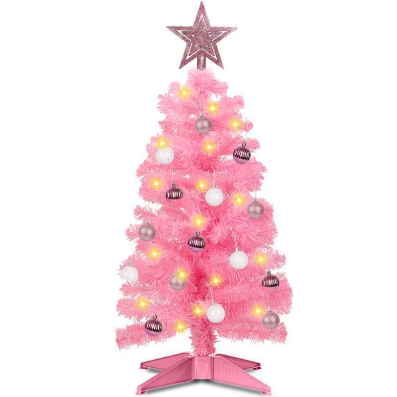 lot 33115 image: Pink Premium Christmas Tree 12 Modes Dual Color Change Timer DIY 50 Warm White & Multicolor Lights Star 15 Ball Ornaments Battery Operated Small Artificial Full Xmas Tree Table Home Indoor 3 ft