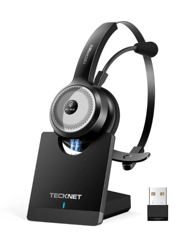lot 33123 image: TECKNET Wireless Headset for Work, 40Hrs Worktime AI Noise Cancelling Computer Headphones with Charging Base, Bluetooth Headset with Mic & USB Dongle for PCLaptopCall Center - Retail $50