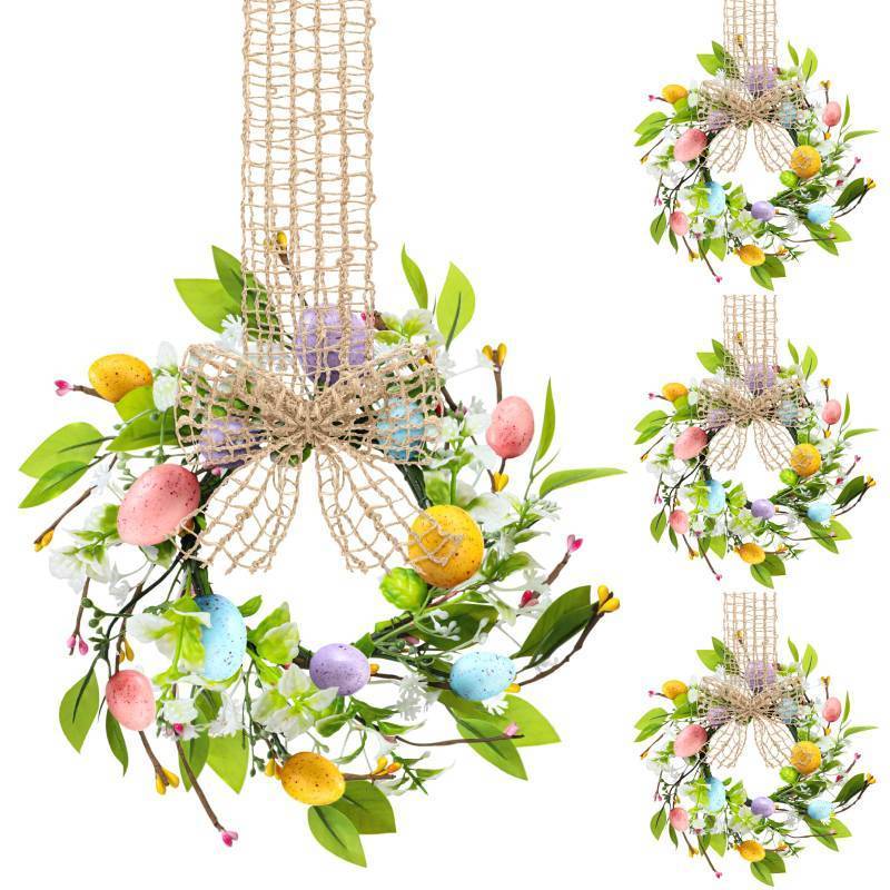 lot 33128 image: Dingion 6 Pcs 8 Small Easter Wreaths for Kitchen Cabinet Mini Spring Artificial Easter Egg Wreath with Ribbon Bow for Window Front Door Table Centerpiece Farmhouse Decor - Retail $27