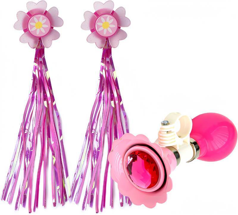 lot 33140 image: Kids Bicycle Horn and Handlebar Streamers Set - 1 Bike Horn  2 Pink Handle Streamers Kit for Children Bike Accessories - Retail $10