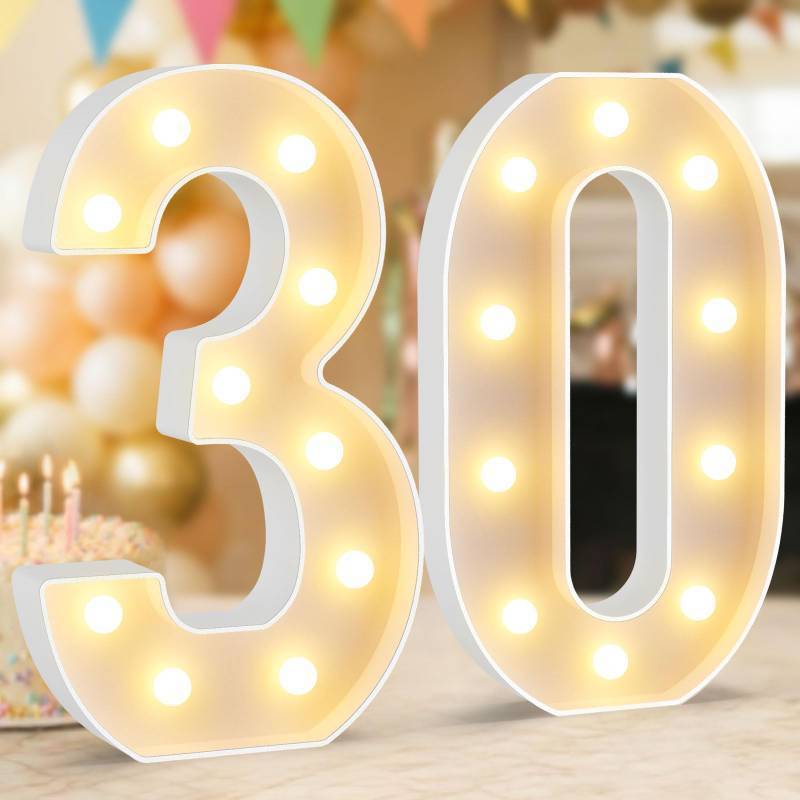 lot 33160 image: Birthday Decorations,12.6 Inch Marquee Numbers for 30th Wedding Anniversary Decorations,Light Up Numbers 30 Sign for Party Backdrop Wall,Table Decoration,Upgraded Large Size Number 30 - Retail $25