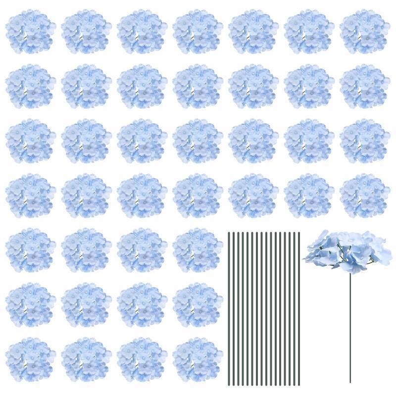 lot 33176 image: MECCANIXITY Silk Artificial Hydrangea Flowers, Light Blue Artificial Flowers Heads with Stems, Full Hydrangea Flowers for Wedding Centerpieces, Party Decoration 64 Set - Retail $29