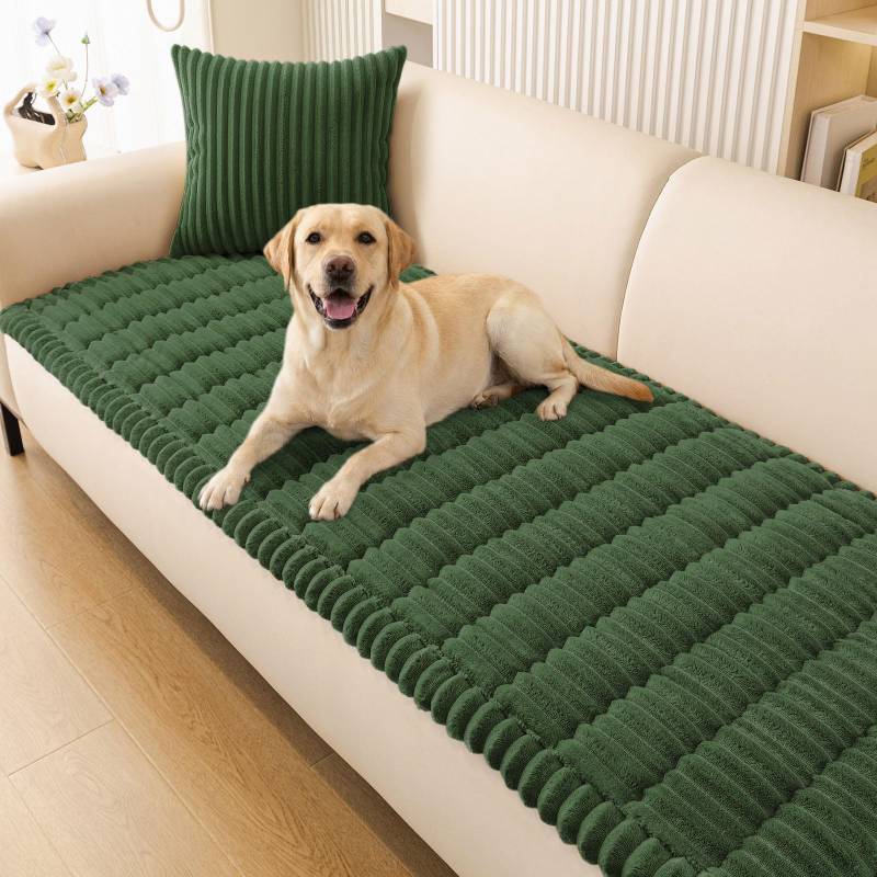 lot 33179 image: Smiry Couch Cover for Dogs Washable, Non Slip Fuzzy Pet Couch Covers for 3 Cushion Sofa Pet Friendly, Thick Soft Sofa Slipcovers Cushion Protector (Dark Green, 27.6 x 59) - Retail $40