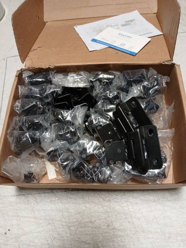 lot 33183 image: Ravinte 50 Pack 25 Pairs Semi-Overlay 12 inch Self-Closing Face Frame Cabinet Hinges Matte Black Half Wrap-Around Kitchen Cabinet Door Hinges Face Mount Cabinet Hardware - Retail $40