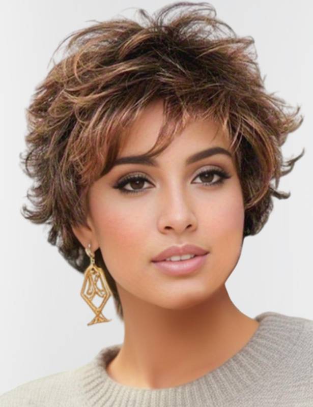 lot 33538 image: TISHINING Short Mixed Brown Curly Wigs for Women Layered Red Brown Pixie Cut Wig with Bangs Heat Synthetic Short Hair Wigs for White Women Natural Looking Daily Party Wig - Retail $25
