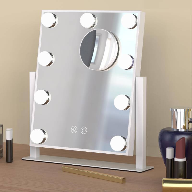 lot 33559 image: Lighted Vanity Mirror for Desk or Dorm, Dimmable 9 LED Bulbs Makeup Mirror with 3 Color Lights, Touch Sensor, USB Powered, Portable Table Mirror for Girls, Teens, Students(12in, White) - Retail $30