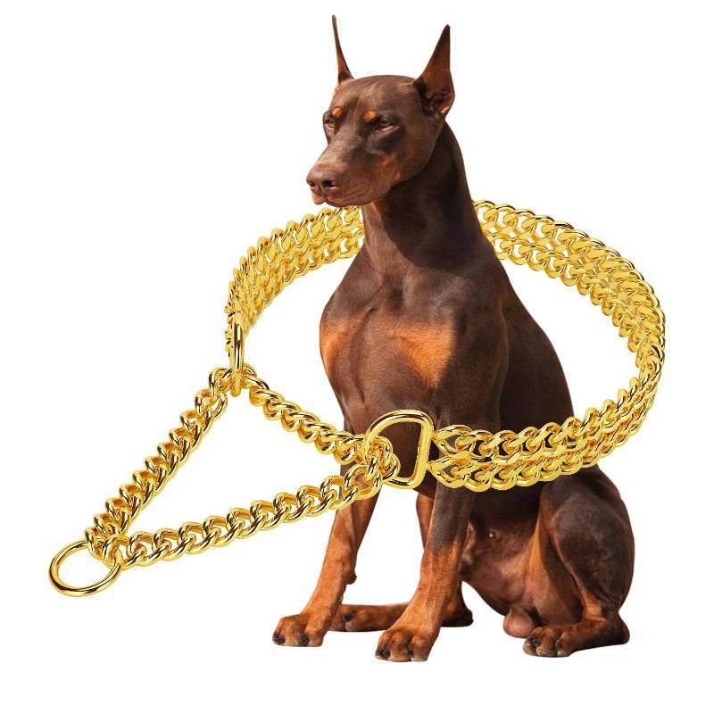 lot 33563 image: Stainless Steel 18K Gold Dog Collar - Adjustable, Chew Proof Cuban Link Chain Collar for Large, Small, Medium Dogs (XL 26 -28) - Retail $35