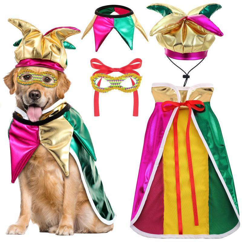lot 33564 image: Locmeo 4 Pcs Mardi Gras Dog Costume Mardi Gras Clown Jester High Collar Cape Pet Accessories Set Golden Green Purple Puppy Dress Up with Mask Collar Dress for Small Dogs Outfit Decor(Large)